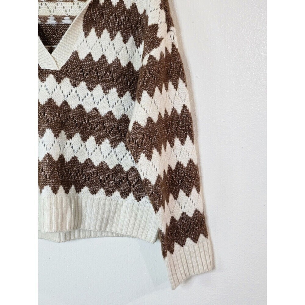 ANA A New Approach Chevron Sweater Womens XS Brown Cream Collared V Neck Knit - Picture 5 of 11